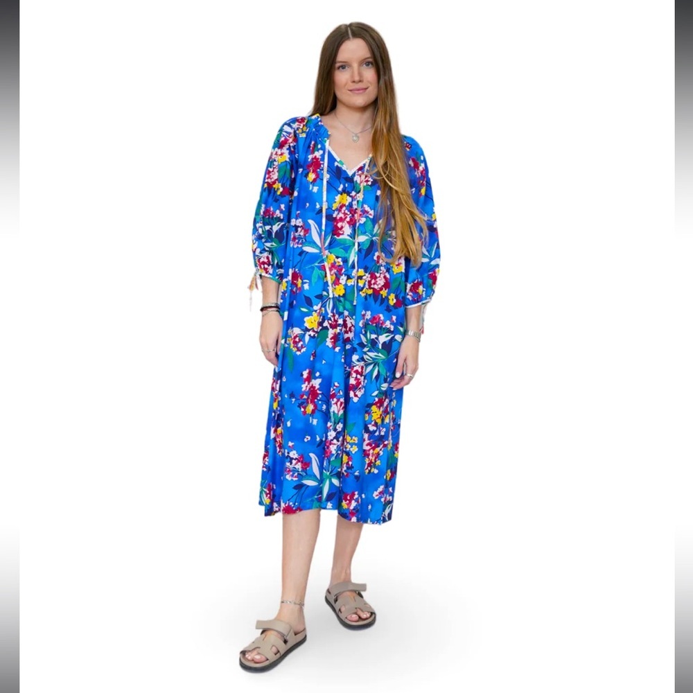 Sur La Vague Bianca Maxi Dress‎ Blue Floral Handmade In India Airy Feminine